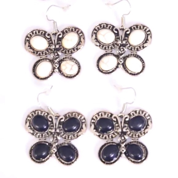 BLACK Antiqued silver semiprecious stone butterfly earrings - Picture 1 of 2